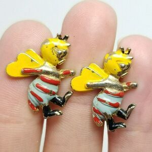 Vintage Enamel Bugs Insects Bees Clip On Earrings Colorful Yellow Red Blue Retro